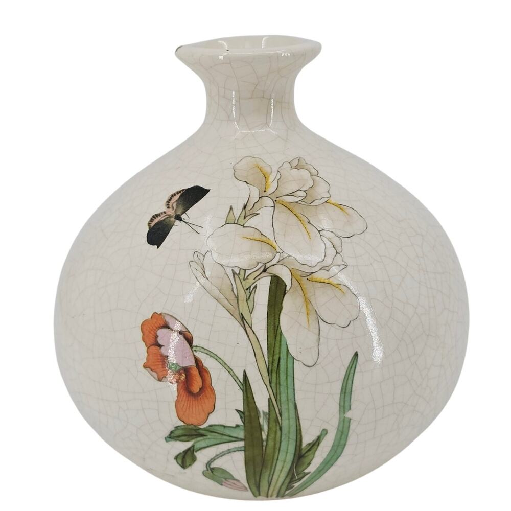 Vintage Japanese Crackle Craze Pottery Vase Butterfly Floral White 7” Tall